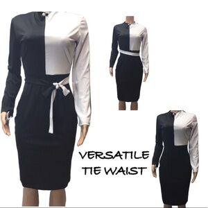 Black & White Color Block Long Sleeve Tie Waist Sheath Dress Size Medium